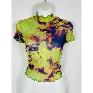 Y2K Sheer Mesh Graphic Top M Cyber Goth 90s Boho Fairy Grunge Rave Phoebe Size S